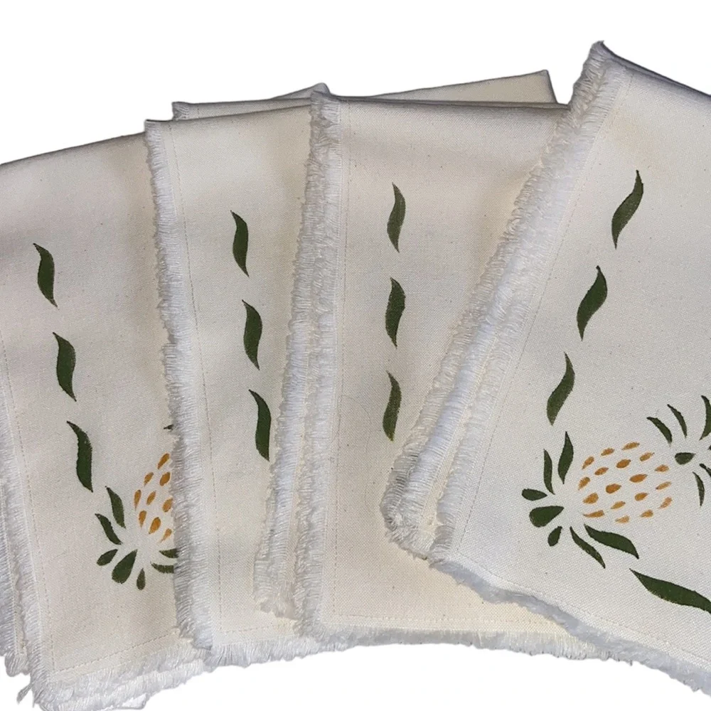Set of 4 Handpainted Stenciled Pineapple Cloth Napkins or Placemats Raw hem